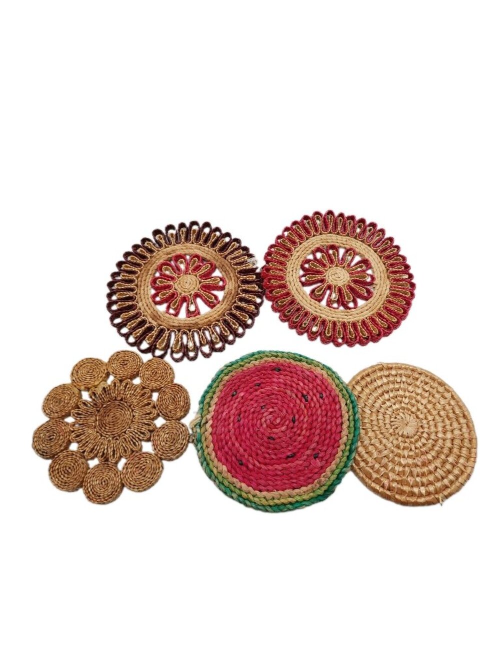 Trivet Hot Pad Rattan Straw Red Green Yellow Tan Boho Cottage Lot Of 5